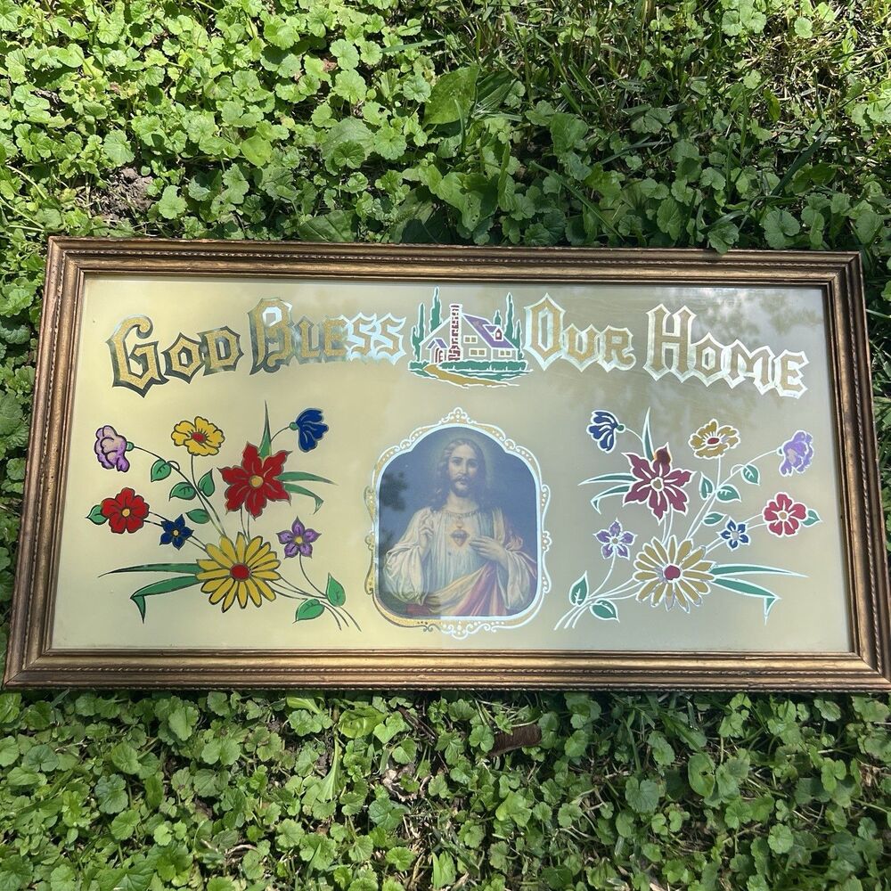 Vintage God Bless Our Home Reverse Glass Foil Art Sacred Heart of Jesus Framed